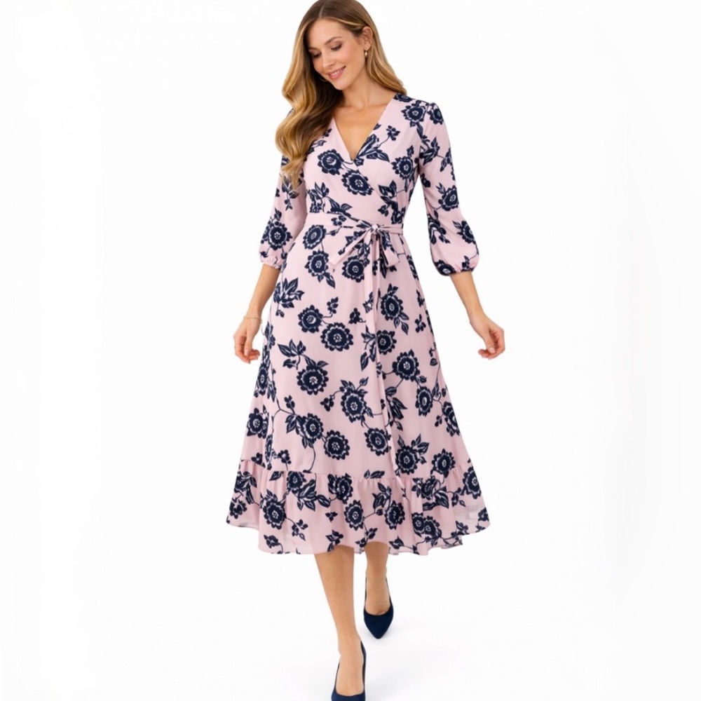 ELIZA J  Floral Faux Wrap Tie Waist Pink Navy Tiered Midi Dress Size 12💛